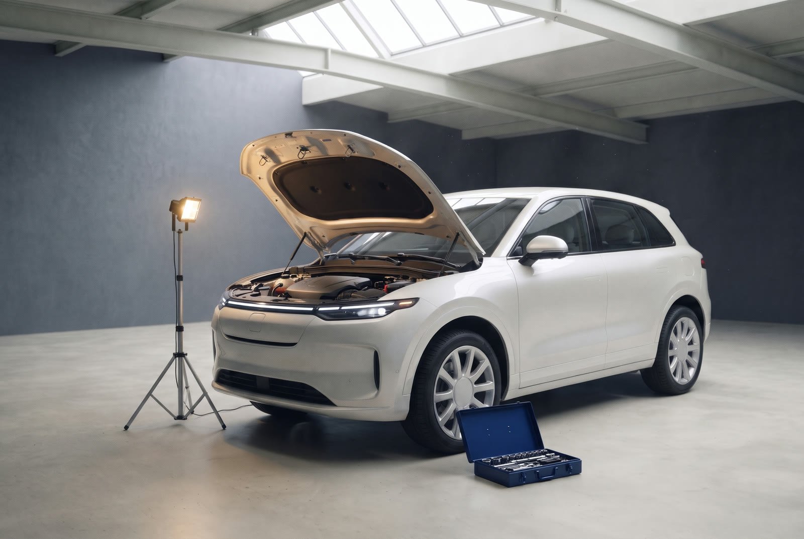 A white SUV with its bonnet open beside a work lamp and an open toolbox